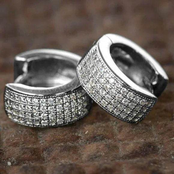 New Men 925 Silver Sim. Diamond Hoop Studs - Picture 1 of 3